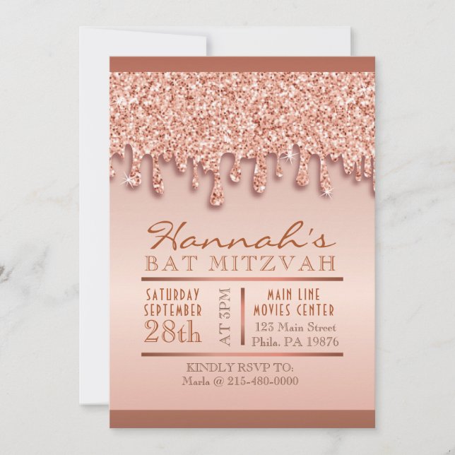 Rose Gold Sparkle Drippy Drip Bat Mitzvah Invite (Front)