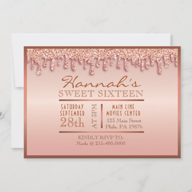 Rose Gold Sparkle Drippy Drip Sweet Sixteen Party Invitation (Front)