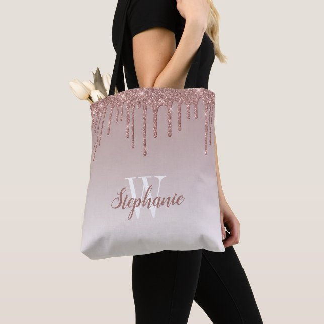 Rose Gold Sparkle Faux Glitter Monogram Tote Bag (Close Up)