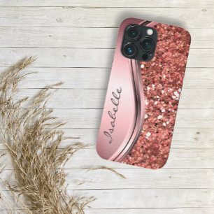 Rose Gold Sparkle Glam Bling Personalized Metal iPhone 14 Plus Case