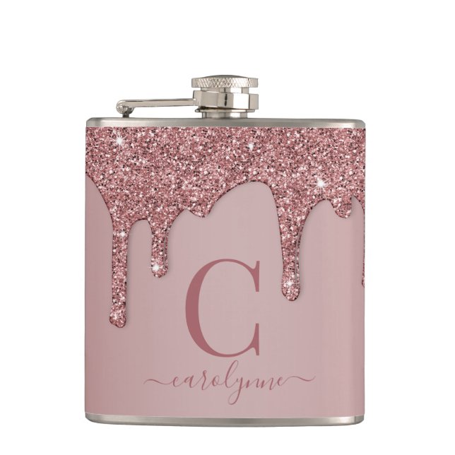 Rose Gold Sparkle Glam Glitter Drips Monogram Hip Flask (Front)