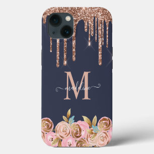 Rose Gold Sparkle Glam Glitter Drips Monogram iPhone 13 Case