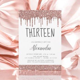 Rose Gold Sparkle Glitter 13th Thirteen Birthday Invitation