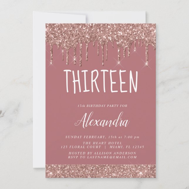 Rose Gold Sparkle Glitter 13th Thirteen Birthday Invitation (Front)