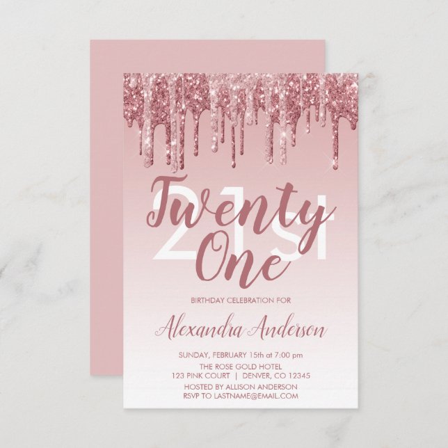 Rose Gold Sparkle Glitter 21st Birthday Party Invitation (Front/Back)
