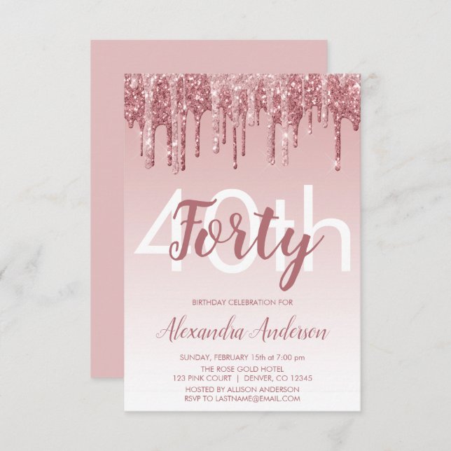 Rose Gold Sparkle Glitter 40th Birthday Party Invitation (Front/Back)