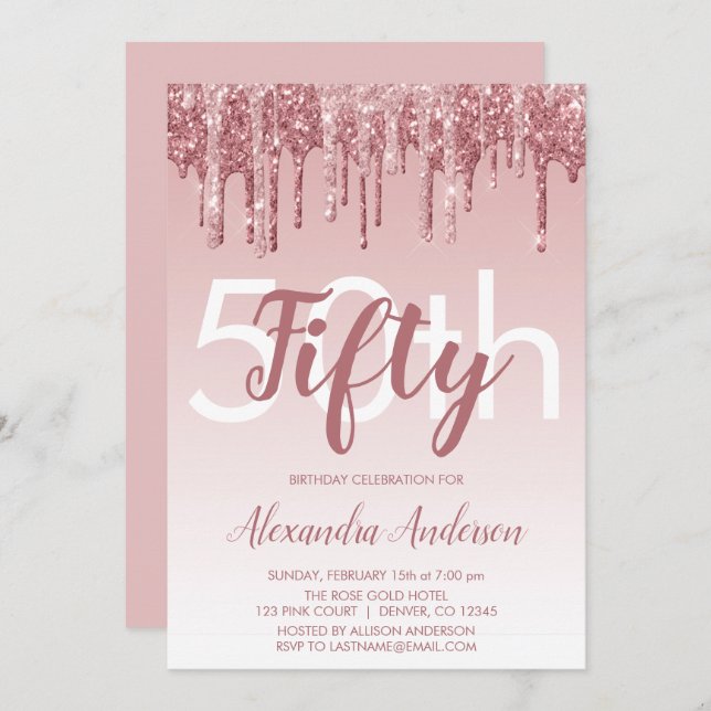 Rose Gold Sparkle Glitter 50th Birthday Party Invitation (Front/Back)