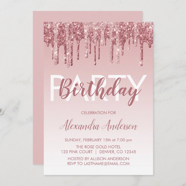 Rose Gold Sparkle Glitter Any Age Birthday Invitation (Front/Back)