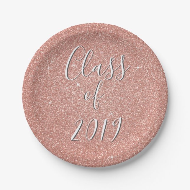 Rose Gold Sparkle Glitter Class of Graduation Paper Plate (Front)