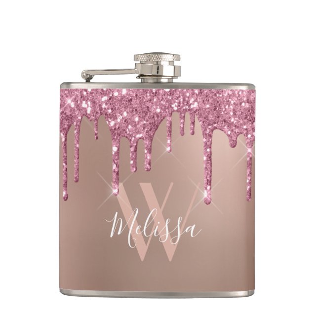 Rose Gold Sparkle Glitter Drip Blush Pink Monogram Hip Flask (Front)