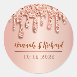 Rose Gold Sparkle Glitter Drip Wedding Gift Classic Round Sticker