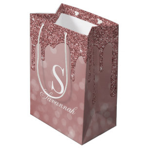 Rose Gold Sparkle Glitter Drips Bokeh Monogram Medium Gift Bag