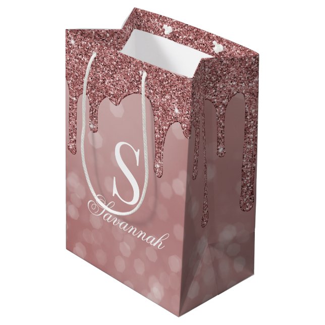 Rose Gold Sparkle Glitter Drips Bokeh Monogram Medium Gift Bag (Back Angled)