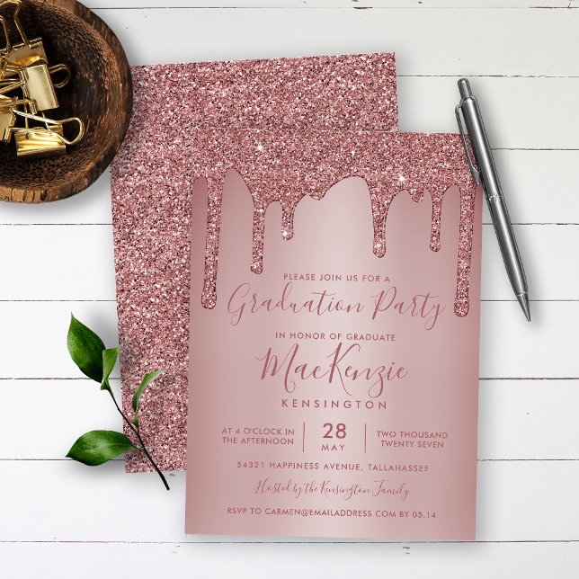 Rose Gold Sparkle Glitter Drips Graduation Party Invitation (Creator Uploaded)
