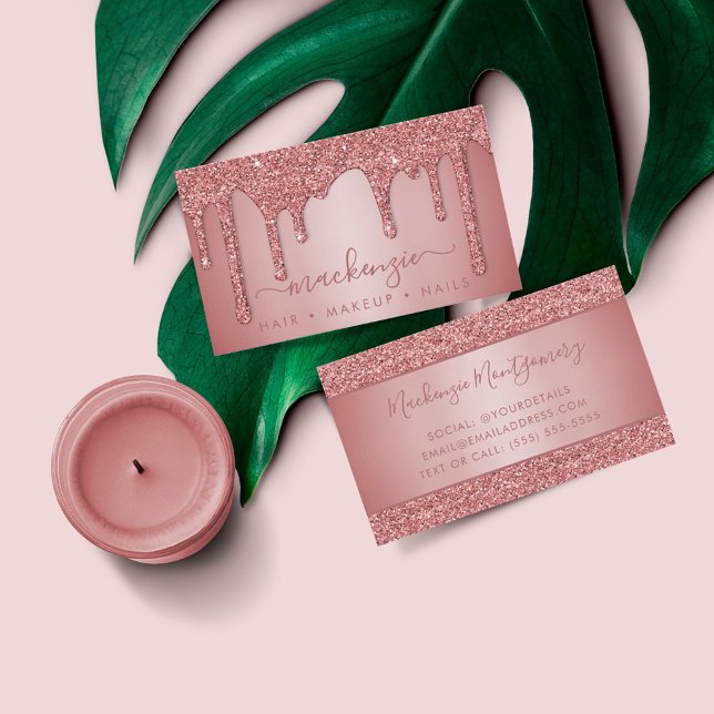 Rose Gold Sparkle Glitter Drips Luxury Business Card (Creator Uploaded)