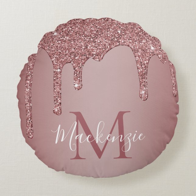 Rose Gold Sparkle Glitter Drips Monogram Baby Round Cushion (Front)