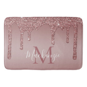 Rose Gold Sparkle Glitter Drips Monogram Bath Mat
