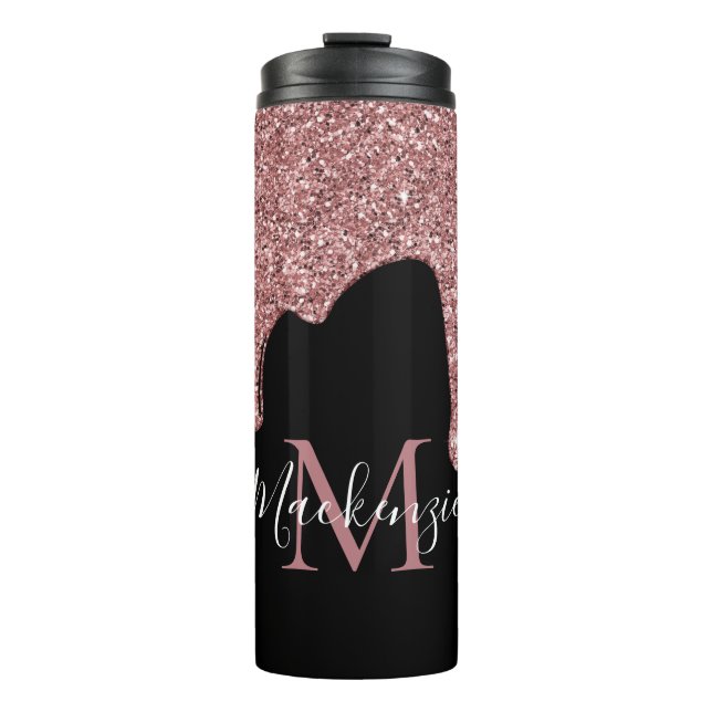Rose Gold Sparkle Glitter Drips Monogram Black Thermal Tumbler (Front)
