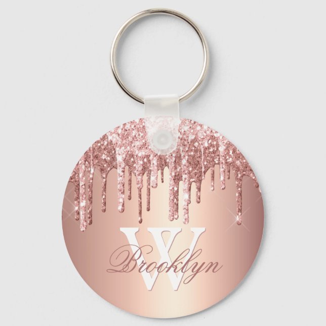 Rose Gold Sparkle Glitter Drips Monogram Initial Key Ring (Front)