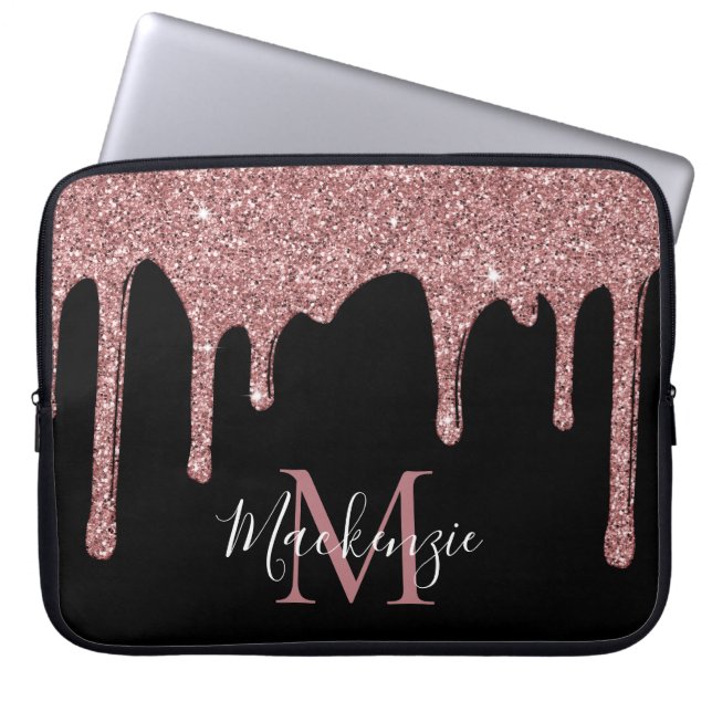 Rose Gold Sparkle Glitter Drips Monogram on Black Laptop Sleeve (Front)