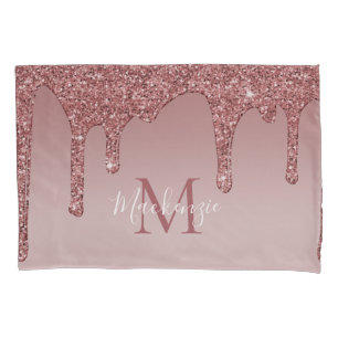Rose Gold Sparkle Glitter Drips Monogram Pillowcase