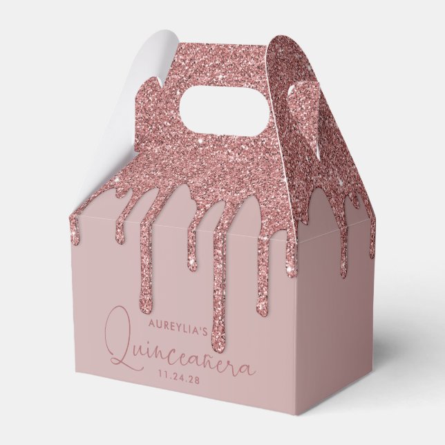 Rose Gold Sparkle Glitter Drips Quinceanera Favour Box (Front Side)