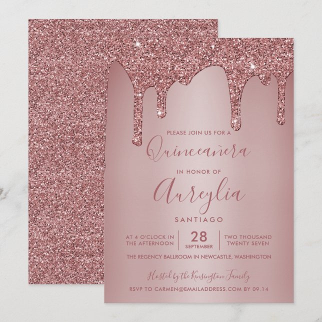 Rose Gold Sparkle Glitter Drips Quinceañera Invitation (Front/Back)