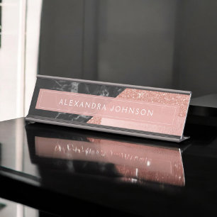 Rose Gold Sparkle Glitter Foil and Black Marble Desk Name Plate