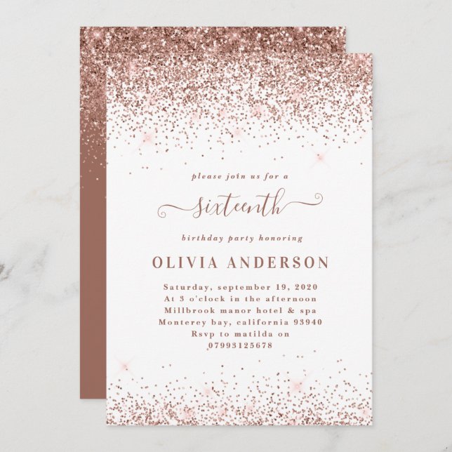 Rose gold sparkle glitter girly script 16 birthday invitation (Front/Back)
