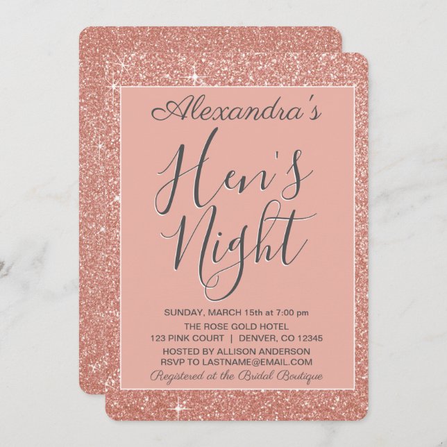 Rose Gold Sparkle Glitter Hen's Night Party Invitation (Front/Back)