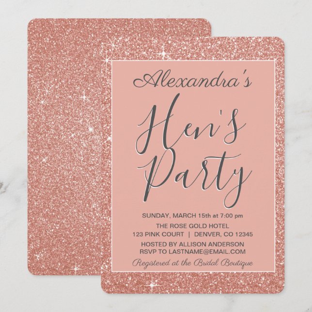 Rose Gold Sparkle Glitter Hen's Party Invitation (Front/Back)