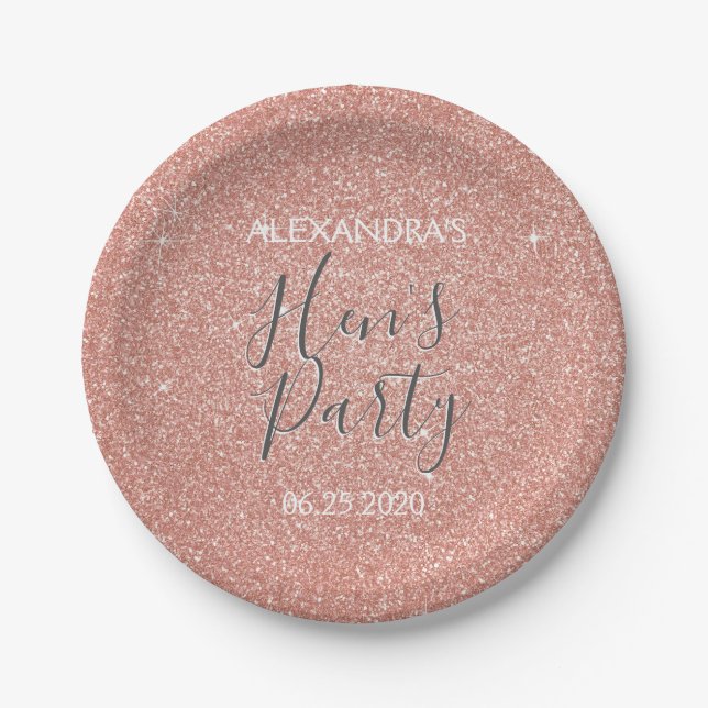 Rose Gold Sparkle Glitter Hen's Party Paper Plate (Front)