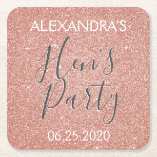 Rose Gold Sparkle Glitter Hen's Party Square Paper Coaster