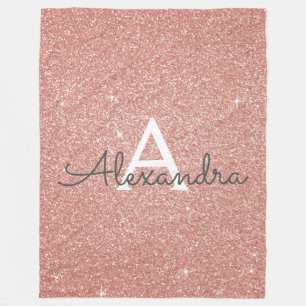 Rose Gold Sparkle Glitter Monogram Name & Initial Fleece Blanket