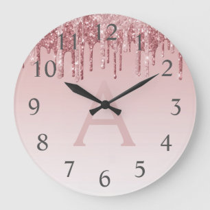 Rose Gold Sparkle Glitter Monogram Name & Initial Large Clock