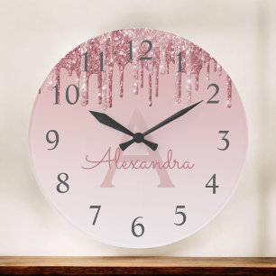 Rose Gold Sparkle Glitter Monogram Name & Initial Large Clock