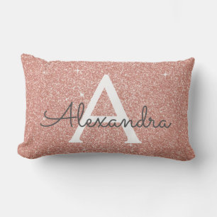 Rose Gold Sparkle Glitter Monogram Name & Initial Lumbar Cushion