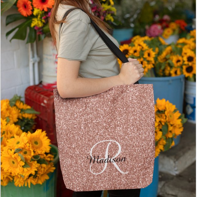 Rose Gold Sparkle Glitter Monogram Pretty Tote Bag (Creator Uploaded)