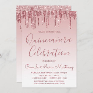 Rose Gold Sparkle Glitter Quinceanera Celebration Invitation