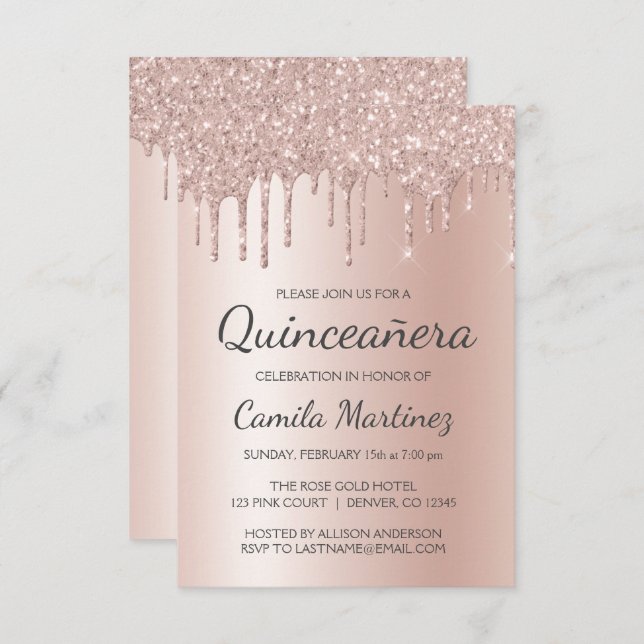 Rose Gold Sparkle Glitter Quinceanera Celebration Invitation (Front/Back)