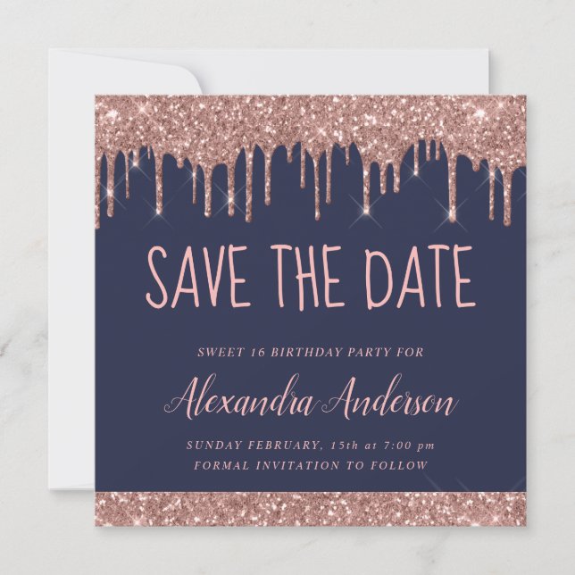 Rose Gold Sparkle Glitter Sweet 16 Save the Date Invitation (Front)