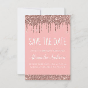 Rose Gold Sparkle Glitter Sweet 16 Save the Date Invitation