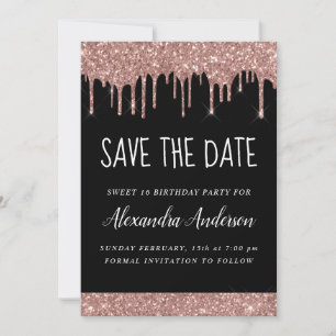 Rose Gold Sparkle Glitter Sweet 16 Save the Date Invitation
