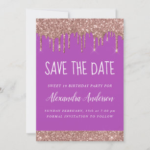 Rose Gold Sparkle Glitter Sweet 16 Save the Date Invitation