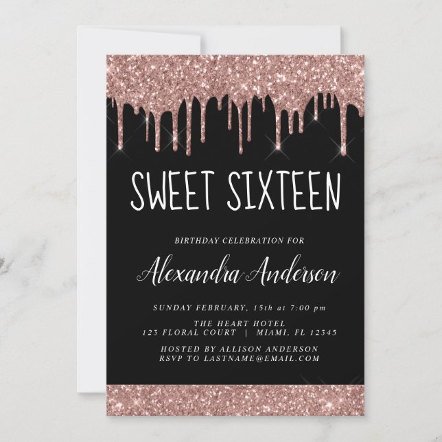 Rose Gold Sparkle Glitter Sweet Sixteen Birthday Invitation (Front)