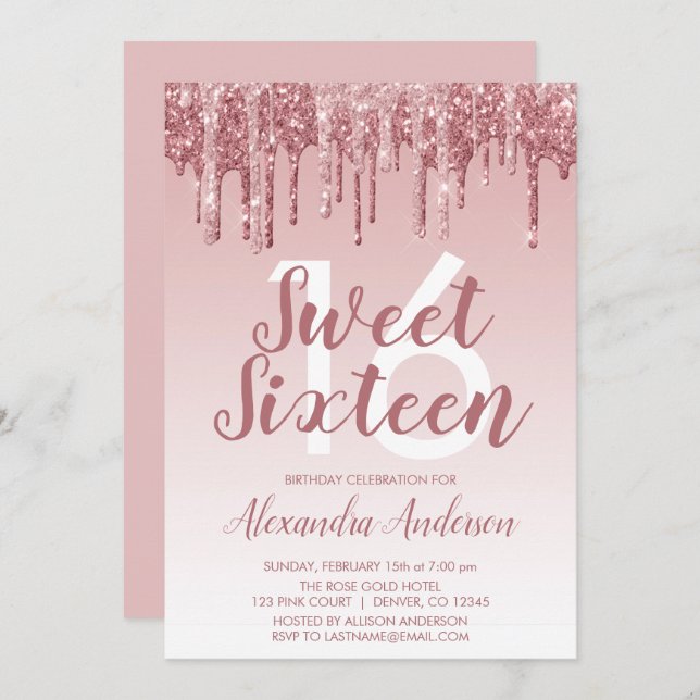 Rose Gold Sparkle Glitter Sweet Sixteen Birthday Invitation (Front/Back)