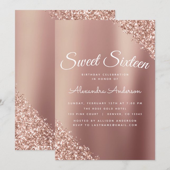 Rose Gold Sparkle Glitter Sweet Sixteen Birthday Invitation (Front/Back)