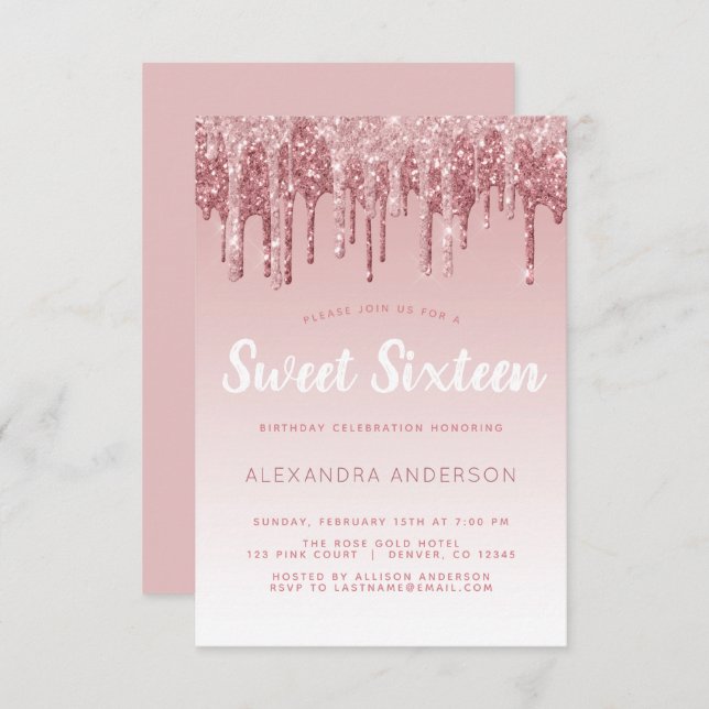 Rose Gold Sparkle Glitter Sweet Sixteen Birthday Invitation (Front/Back)