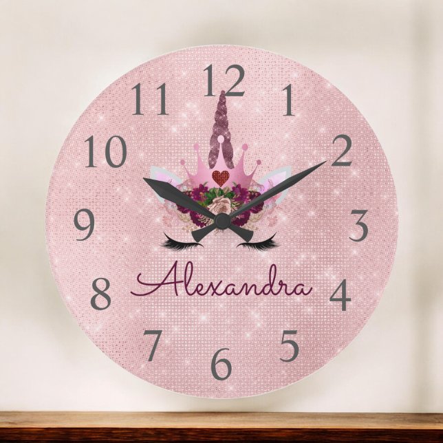 Rose Gold Sparkle Glitter Unicorn Monogram Name Large Clock (Creator Uploaded)