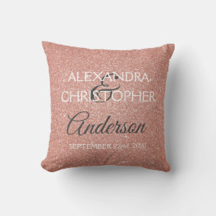 Rose Gold Sparkle Glitter Wedding Monogram Cushion